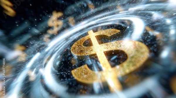 Fototapeta A conceptual image of fintech, with money and technology symbols merging in an abstract digital space.
