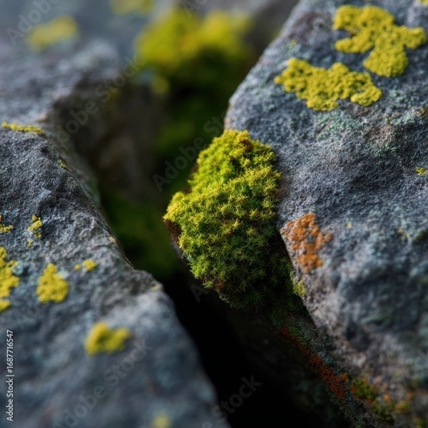 Fototapeta Close-up of textured stone surface with moss and lichen