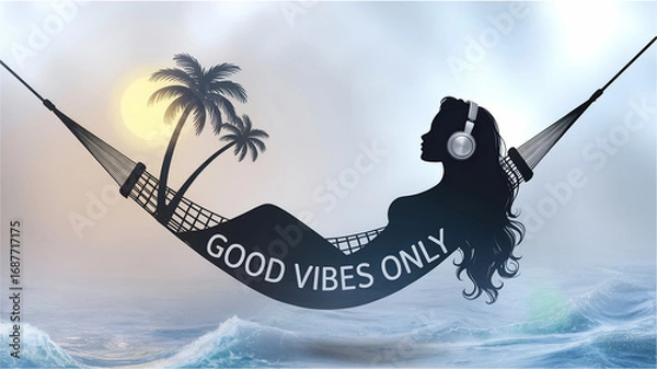 Fototapeta Good vibes only relaxing hammock silhouette with palm trees and ocean sunset