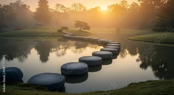 Obraz Pathway of Serenity: Stone steps lead across tranquil waters towards a serene landscape bathed in the soft glow of a setting sun, fostering a sense of calm and introspection. 