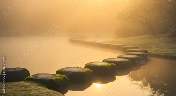 Obraz Stepping Stones to Serenity: An enchanting morning scene unveils a tranquil water feature, with meticulously placed stepping stones guiding the viewer through the misty atmosphere.