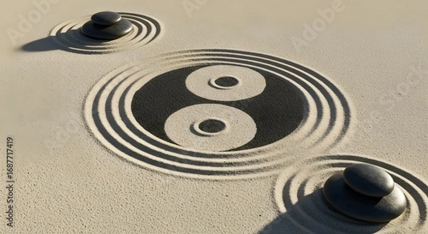 Obraz Harmony in Stone and Sand: A serene composition of raked sand and artfully arranged stones showcases the Yin and Yang symbol, embodying balance and tranquility.