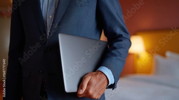 Fototapeta A dynamic shot of a person on a business trip, standing in a hotel room with a laptop open.