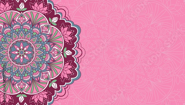 Fototapeta Horizontal pink background with oriental round pattern. Vector illustration.