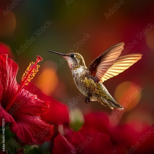 Fototapeta Hummingbird hovering over red hibiscus flower in vibrant garden light