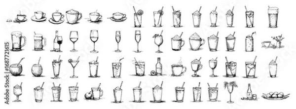 Obraz Drinks and beverages hand drawn doodle sketch icon set