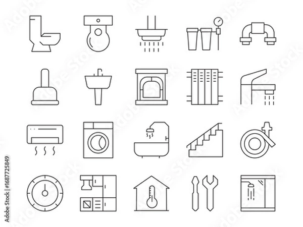 Fototapeta Heating & Plumbing line editable icon set. Containing pipe, plumber, faucet, radiator, boiler, service, boiler, valve, and more. editable stroke. Vector illustration