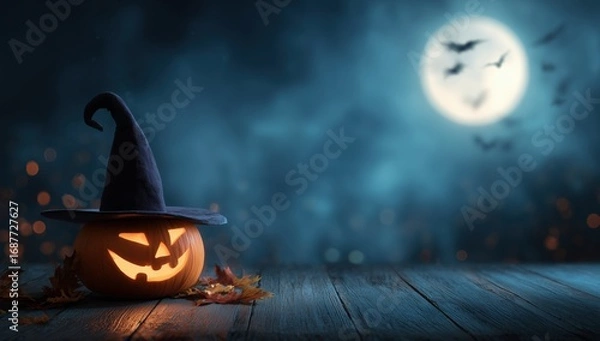 Fototapeta halloween background with a pumpkin and witch hat on a wooden table, an illuminated jack-o'-lantern in dark blue light, and a glowing full moon with flying bats and autumn leaves Generative AI