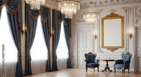 Obraz Elegant Ballroom Interior: A grand ballroom, adorned with ornate chandeliers, stately windows, and lavish furnishings. It's an inviting atmosphere of luxury and sophistication.