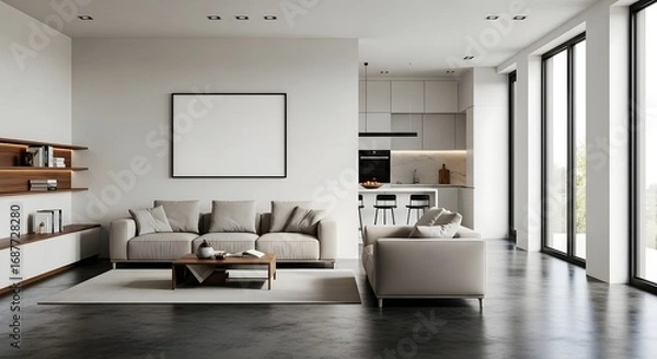Obraz Modern Interior Design: A bright and airy living space featuring sleek minimalist design, a comfortable seating area, and a sophisticated ambiance.