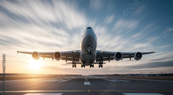 Obraz Taking Off: A massive passenger jet ascends into the sky during golden hour, against the backdrop of a stunning sunset, showcasing the power of modern aviation and the allure of travel.
