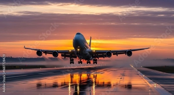 Obraz Taking Flight into the Sunset: An airplane soars majestically into the sunset, leaving the runway behind, an inspiring symbol of adventure, travel, and the boundless horizons of the world.