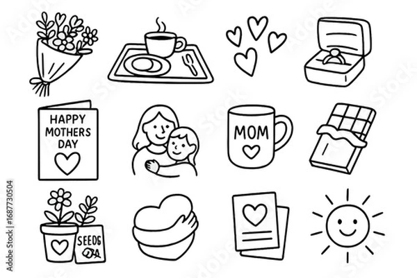 Obraz Mother's Day Icons. Mother’s Day doodle icon set: hand drawn icons of flower bouquet, breakfast in bed, heart doodles, handmade