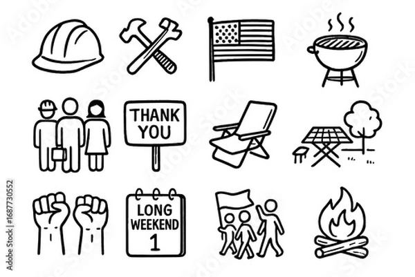 Obraz Labor Day Icon Set. Labor Day doodle icon set: hand drawn icons of hard hat, tools, USA flag, picnic grill, job icons, thank-you
