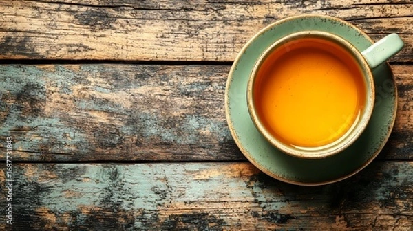 Obraz A steaming cup of herbal tea on wood in soft focus evokes warmth, mindfulness