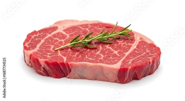 Obraz A raw, marbled beef steak with a sprig of rosemary, isolated on a white background