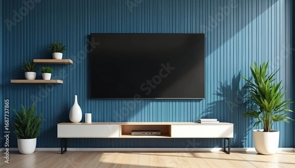 Fototapeta Modern minimalist living room features sleek flat-screen TV mounted on textured blue wall. Clean-lined white media console with wooden accents sits below, holding media player. Two floating shelves