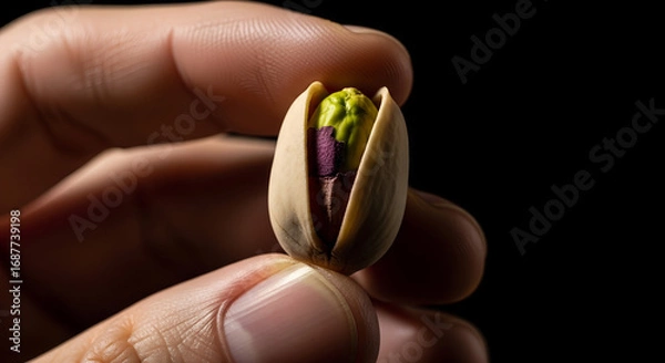 Fototapeta Close-up of hand holding open pistachio nut on black background, healthy food and snack concept.