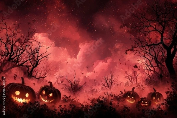 Fototapeta halloween background with pumpkins, fog and dark trees on red sky, night scene with shining clouds and glowing jack o lanterns Generative AI