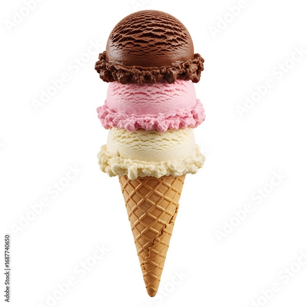 Obraz Three scoops of ice cream in a waffle cone chocolate strawberry vanilla flavors graphic design isolated on a white transparent background png file download.