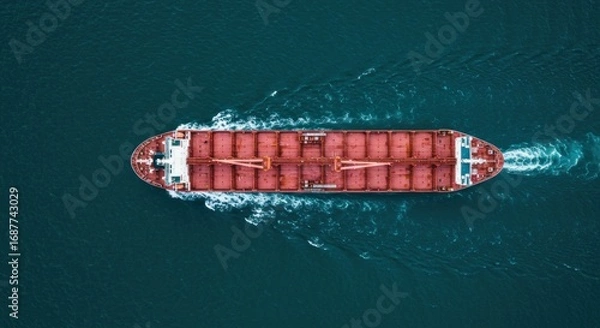 Fototapeta Aerial view of a large cargo ship sailing on the deep blue ocean, leaving a trail of white wake behind.