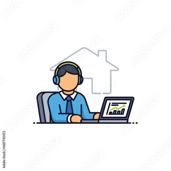 Obraz Man working at home depicted in simple illustration style on white background. Working at home scene includes headset, laptop, and business analytics chart.