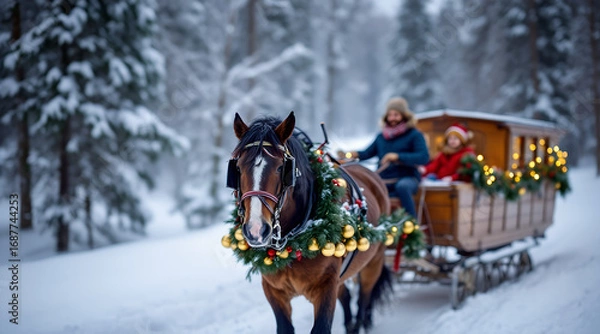 Fototapeta Close-up portrait of horse in red festive harness standing in snowy forest, Christmas and New Year holiday background