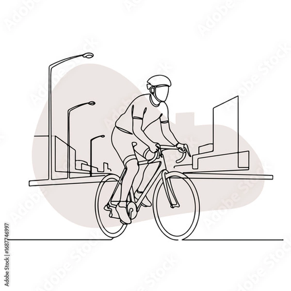 Fototapeta Cyclist engages in urban cycling with single line minimalist design against blurred city background. Urban cycling offers modern, continuous one line drawing, showcasing sport activity and fitness.