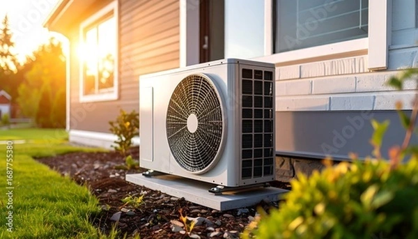 Fototapeta An outdoor cooling unit sits beside a house during sunset. The unit is mounted on a concrete slab near a window. The scene has sunlit background and lush greenery in the yard