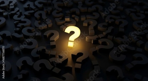 Fototapeta Discover solutions with a glowing question mark surrounded by unanswered questions concept image