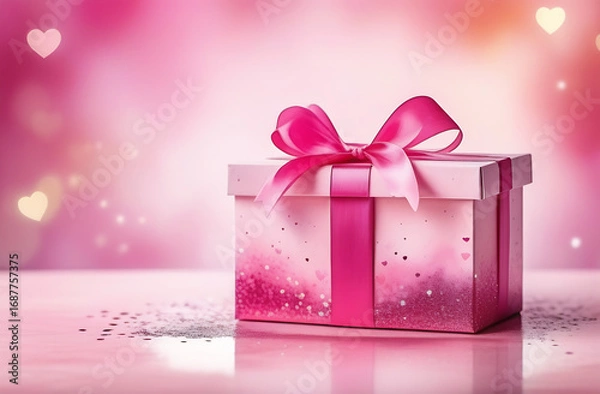 Fototapeta Pink gift box with bow on blured bokeh background. Banner