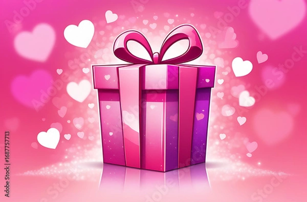 Fototapeta Pink gift box with bow on blured bokeh background. Banner
