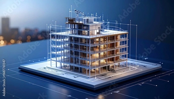 Fototapeta 3D model of a building under construction, with blueprint lines, on a dark surface. 