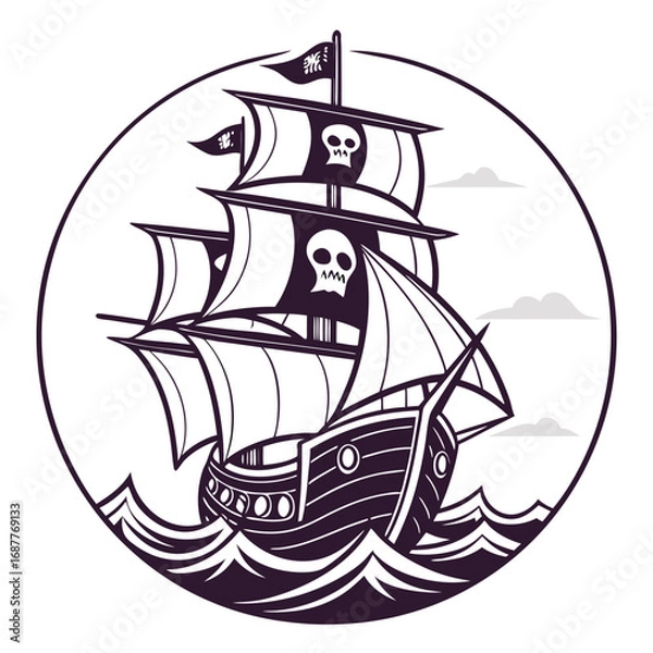 Obraz Vintage pirate ship sailing on wavy seas under a skull and crossbones flag and cloudy sky sailing ship
