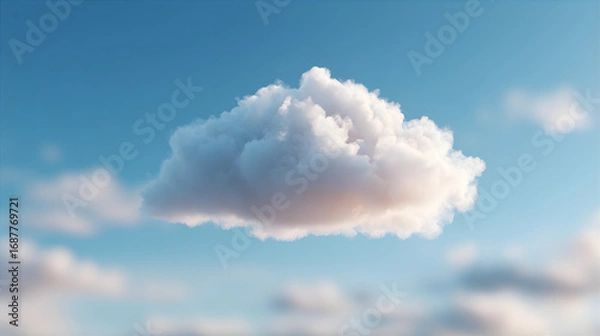 Fototapeta Single fluffy white cloud floating in a clear blue sky, casting a gentle shadow. Ideal for background or weather concept.