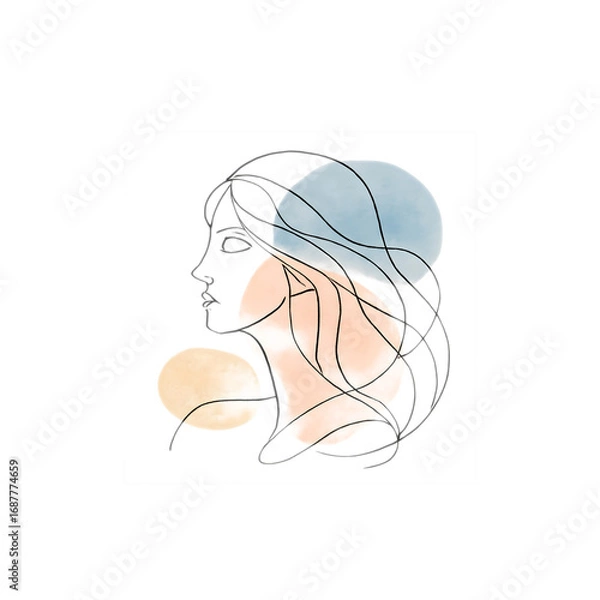 Fototapeta Minimalist line art drawing of a woman's profile with flowing hair and abstract watercolor shapes. Elegant and modern portrait for beauty concepts