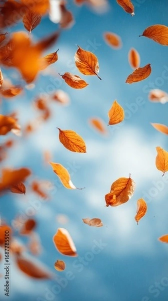 Fototapeta Experience the spirit of fall with orange leaves fluttering in the breeze beneath a luminous sky. An ideal visual for celebrating nature, seasonal change, and the vibrant beauty that autumn brings to
