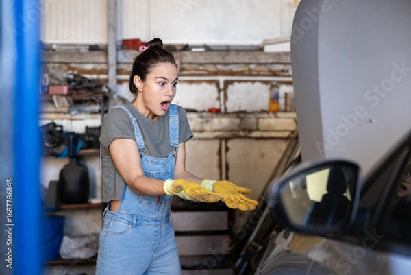 Obraz A shocked mechanic in overalls reacts while working in a garage, highlighting a moment of surprise and problem-solving.