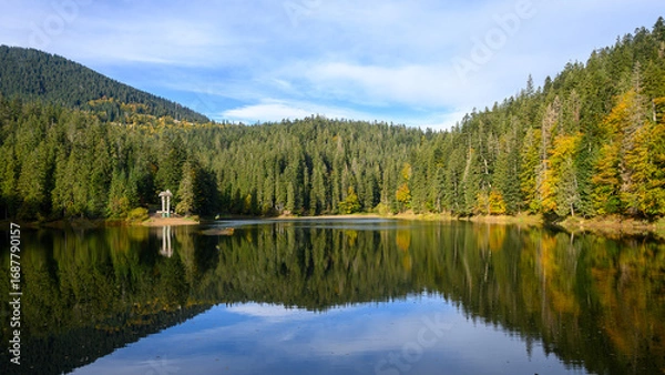 Fototapeta Mountain lake Synevir, Ukraine. View of Synevir high-altitude lake by autumn day. The leaf fall forest, lake and mountains.