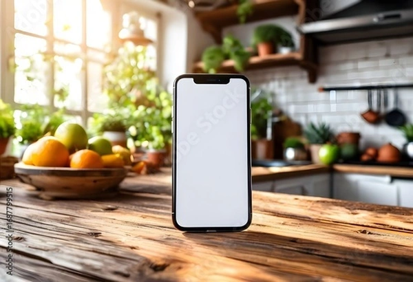 Fototapeta Smartphone with blank screen on kitchen counter.