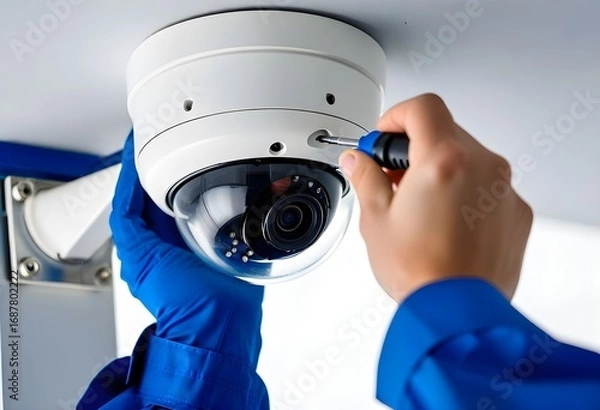 Fototapeta Technician installing or repairing a security camera.