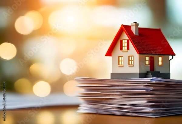 Fototapeta A miniature house model rests on a stack of papers, symbolizing real estate or property ownership.