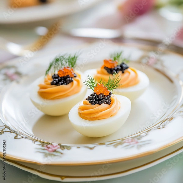Obraz Gourmet deviled eggs elegantly presented on a vintage plate, topped with caviar and fresh herbs, showcasing culinary artistry and exquisite dining experience