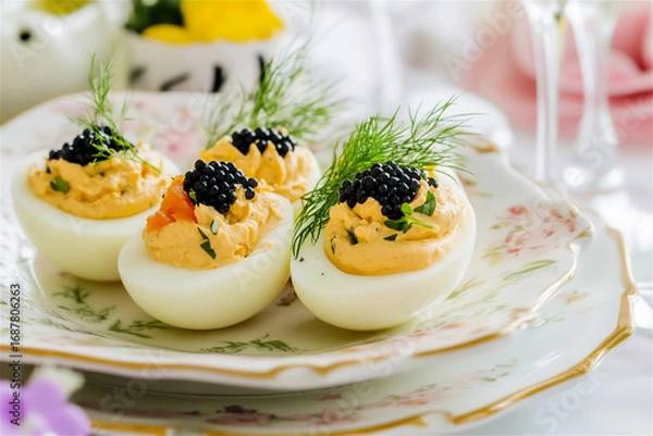 Obraz Deviled eggs topped with black caviar and fresh herbs on an elegant floral plate, showcasing gourmet presentation for a sophisticated dining experience