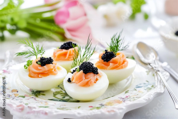 Obraz Elegant platter of deviled eggs topped with smoked salmon and caviar, garnished with fresh dill, surrounded by vibrant flowers, showcasing a sophisticated culinary presentation