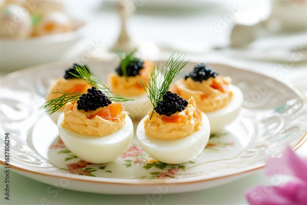 Obraz Deviled eggs topped with caviar and fresh dill, elegantly arranged on a decorative plate, showcasing gourmet culinary presentation for special occasions and gatherings