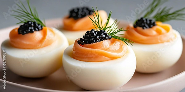 Obraz Gourmet appetizer featuring delicate smoked salmon and caviar atop creamy egg halves, garnished with fresh dill, elegantly arranged on a soft pink plate for a refined dining experience