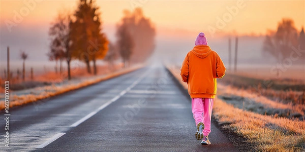 Obraz Individual dressed in bright orange and pink activewear jogging along a quiet road at sunrise, surrounded by misty fields and trees, promoting health and fitness lifestyle