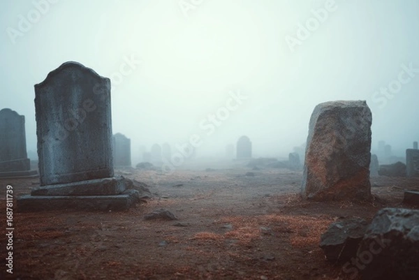 Fototapeta A mist-covered graveyard with twisted, leaning tombstones creates a chilling scene, ideal for spooky Halloween themes, gothic art, or exploring themes of death, memory, and supernatural mysteries