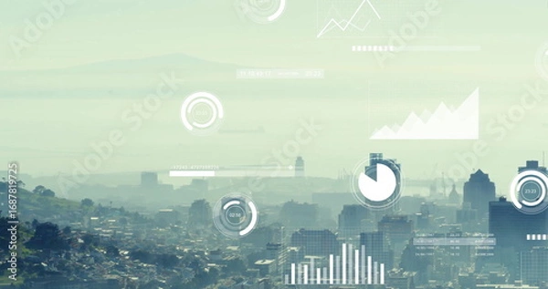 Fototapeta Displaying skyline overlaying data on hillside harbor with houses, skyscrapers, cranes and ships